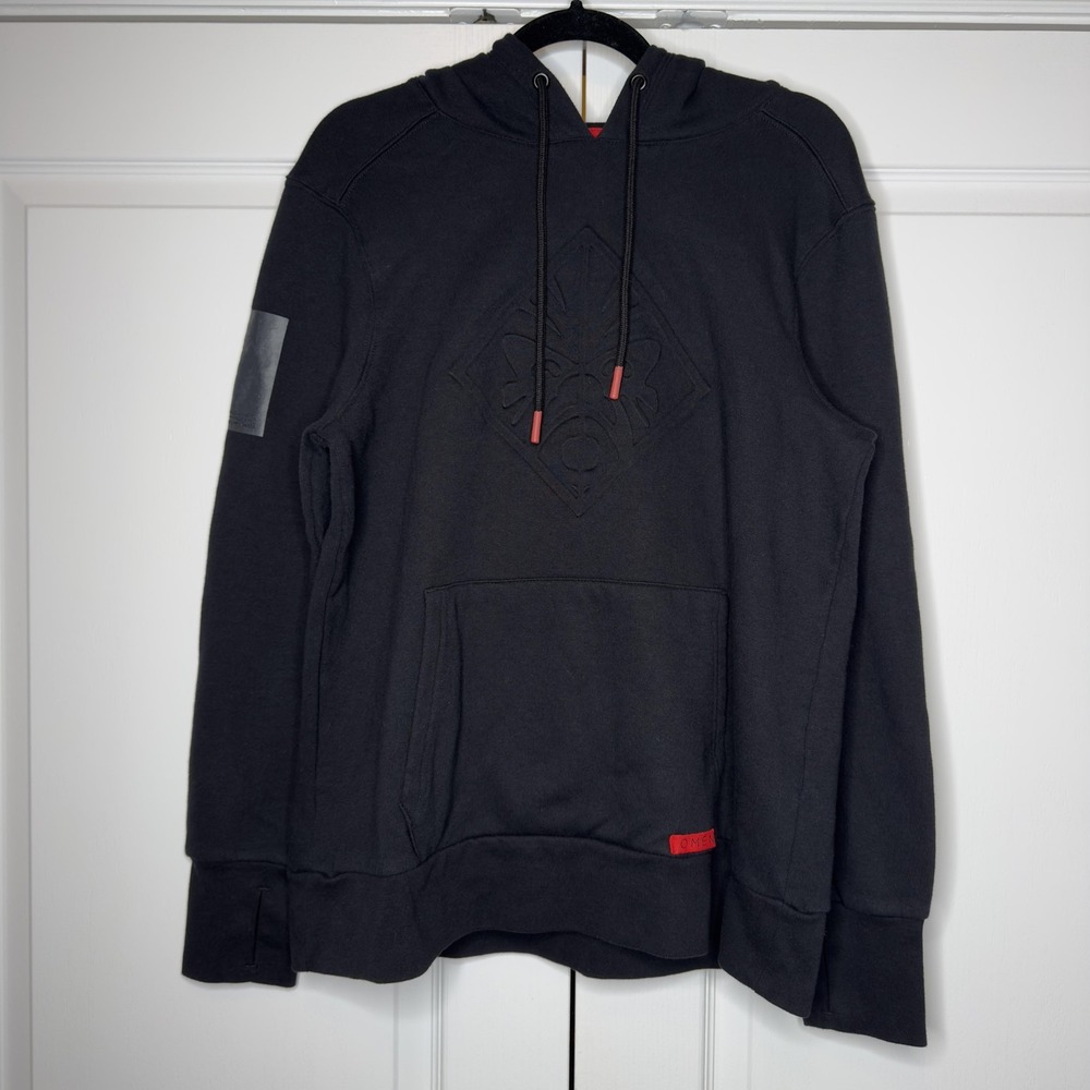 OMEN By HP Hoodie Mens Medium Black Embossed Logo Fleece Pullover Sweatshirt